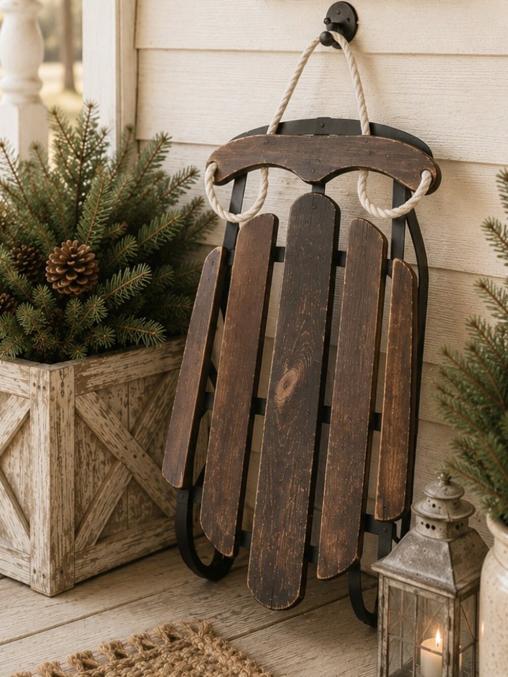 Vintage Rustic Primitive Wooden Snow Sled With Rope Porch Decor